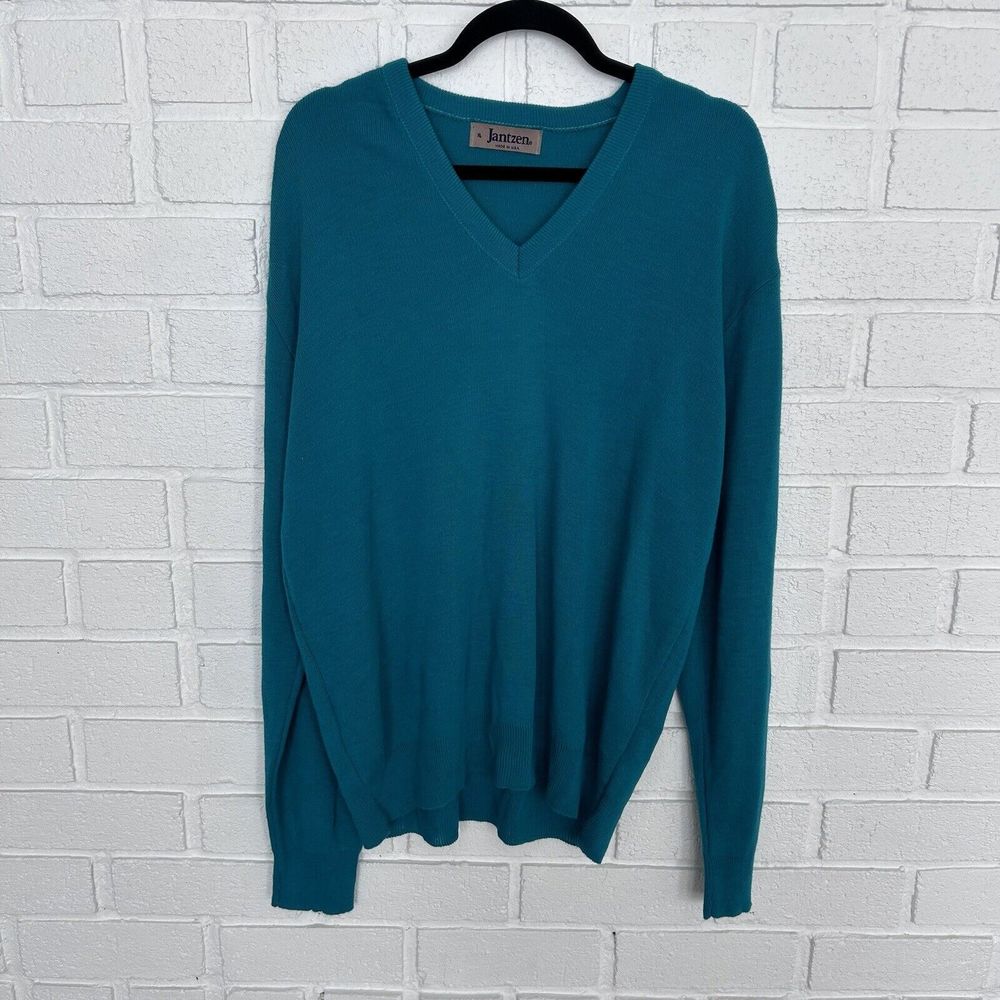 Vintage 90’s Sweater Jantzen V Neck Teal Mens XL 100% Acrylic Made In USA